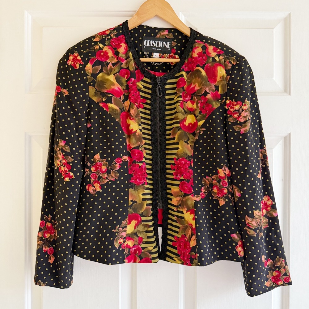 Vintage Criscione New York Womens Black Floral Polka Dot Zip Front Jacket Size L
